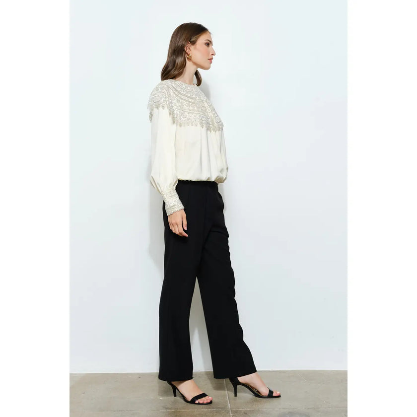 Beaded Sequin Embroidered Yoke Satin Top