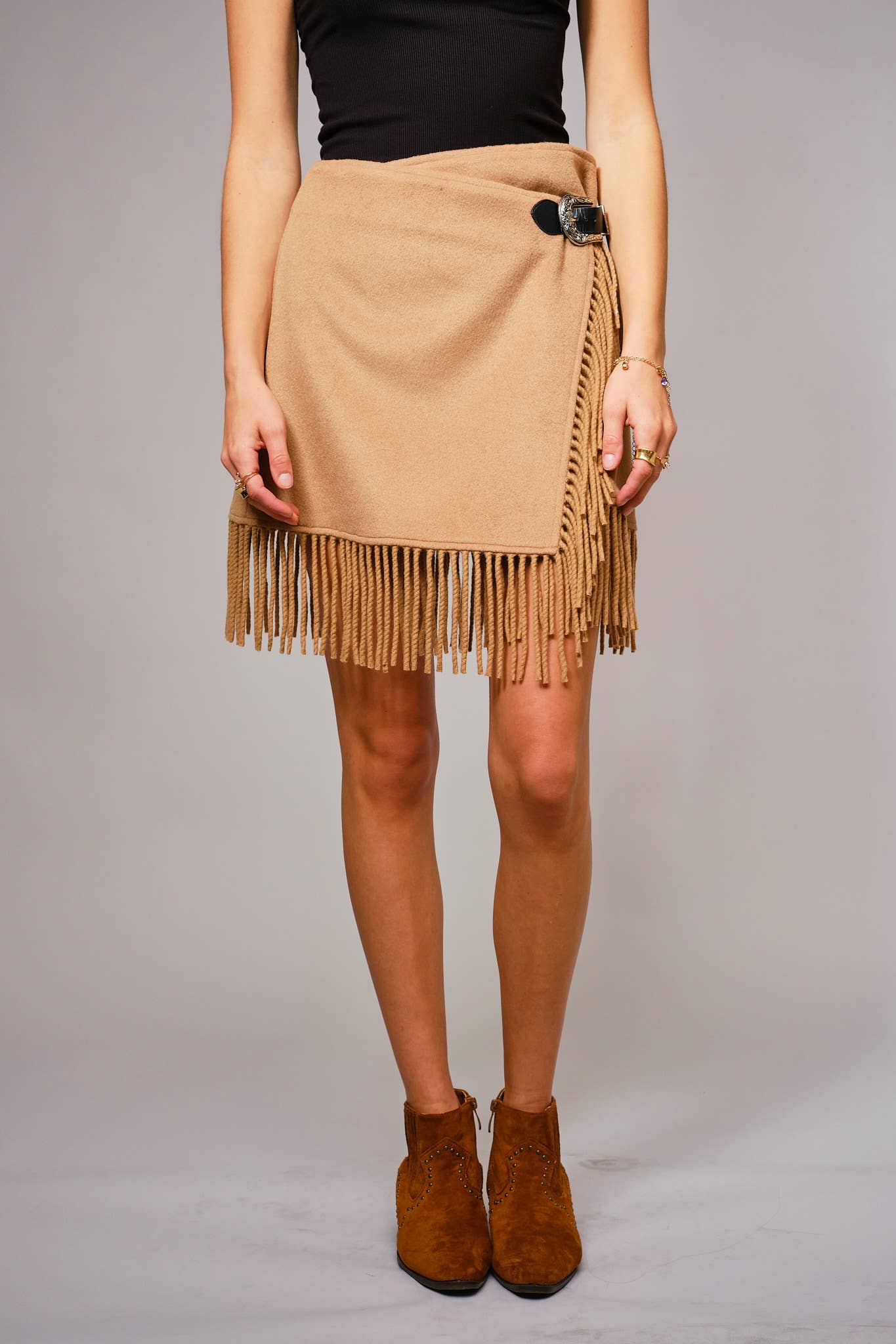 Fringe Buckle Wrap Mini Skirt