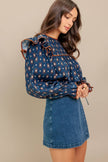 Navy Printed Ruffle Blouse