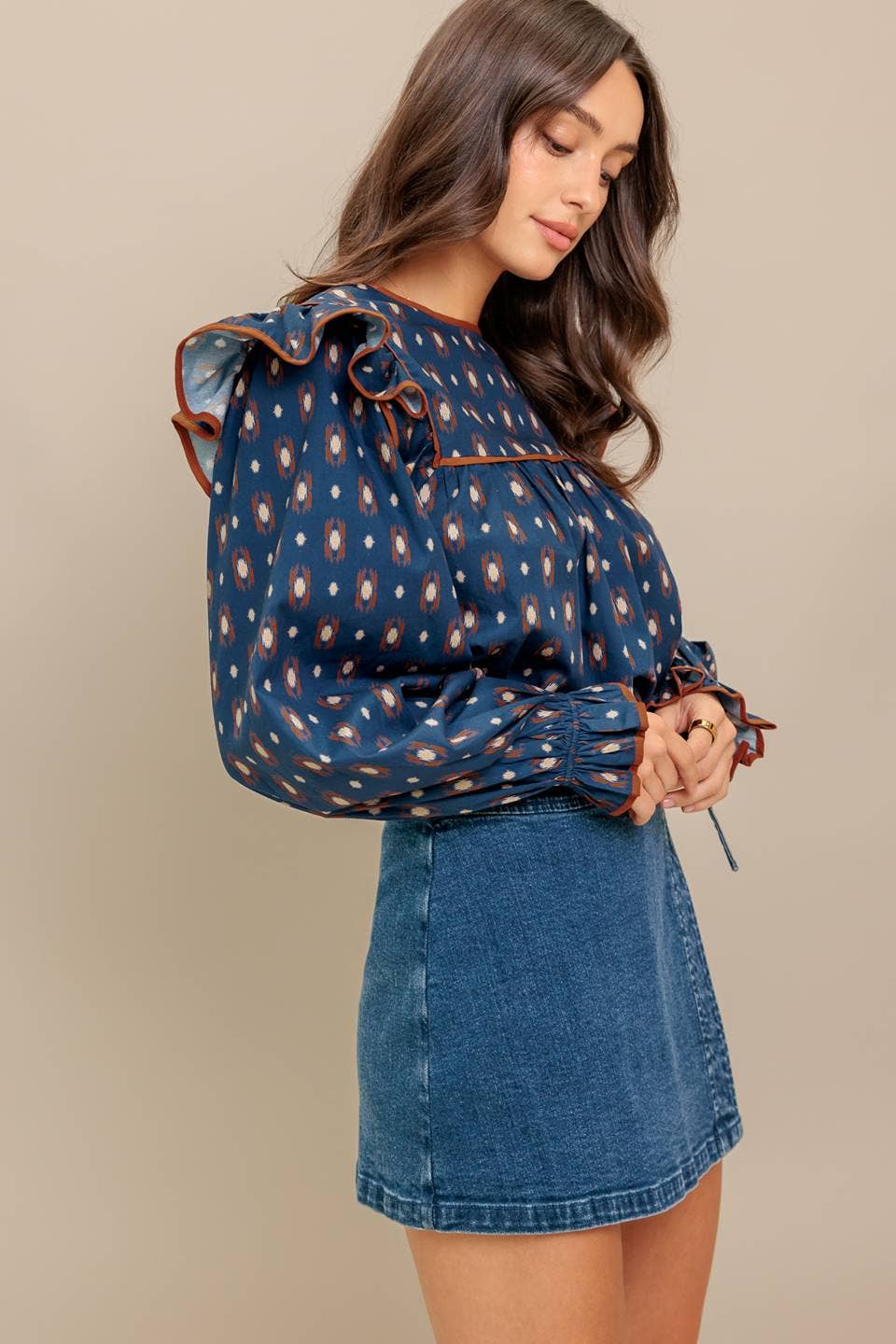 Navy Printed Ruffle Blouse