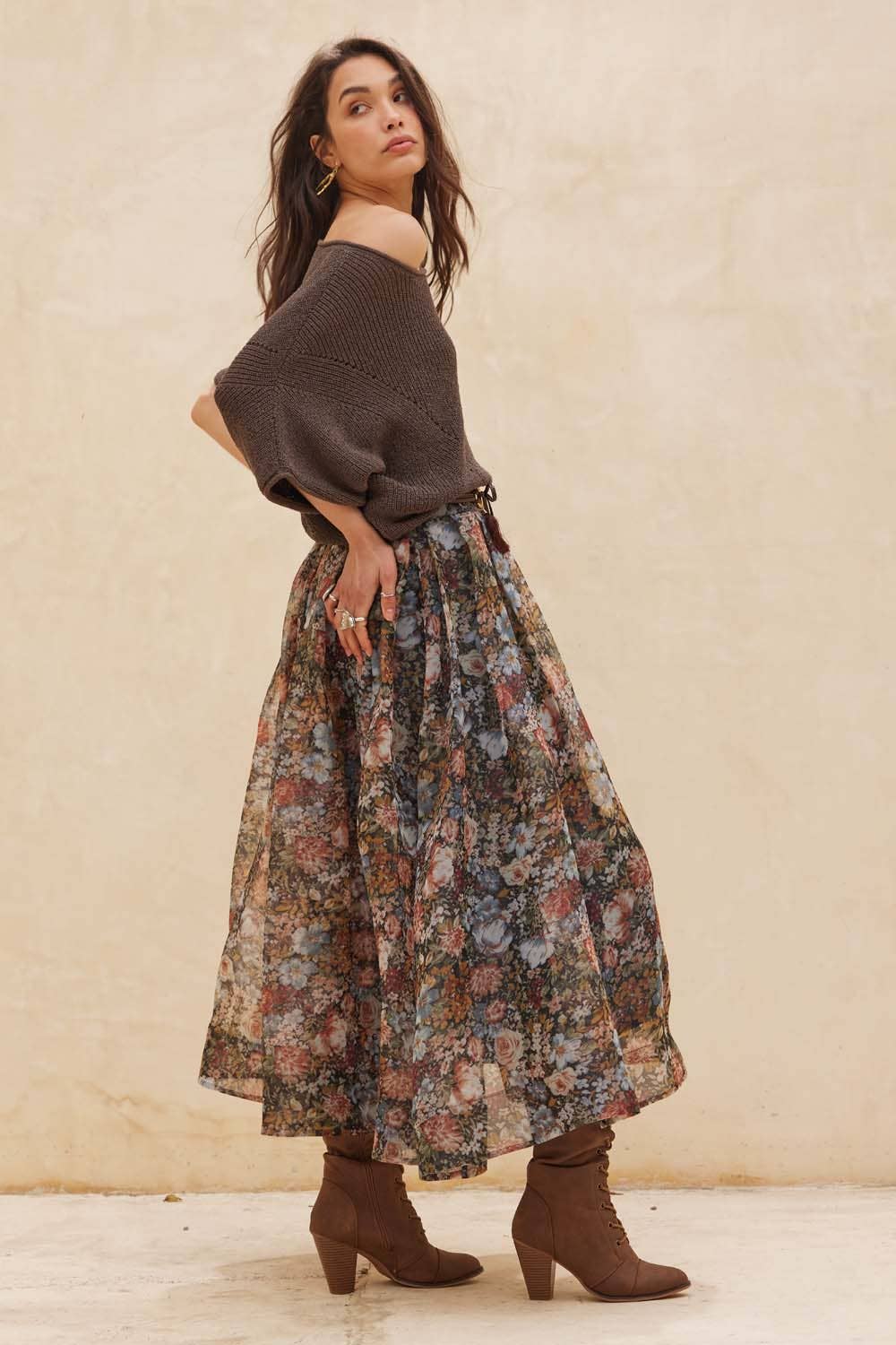 Floral-Print Organza Pleated Midi Skirt