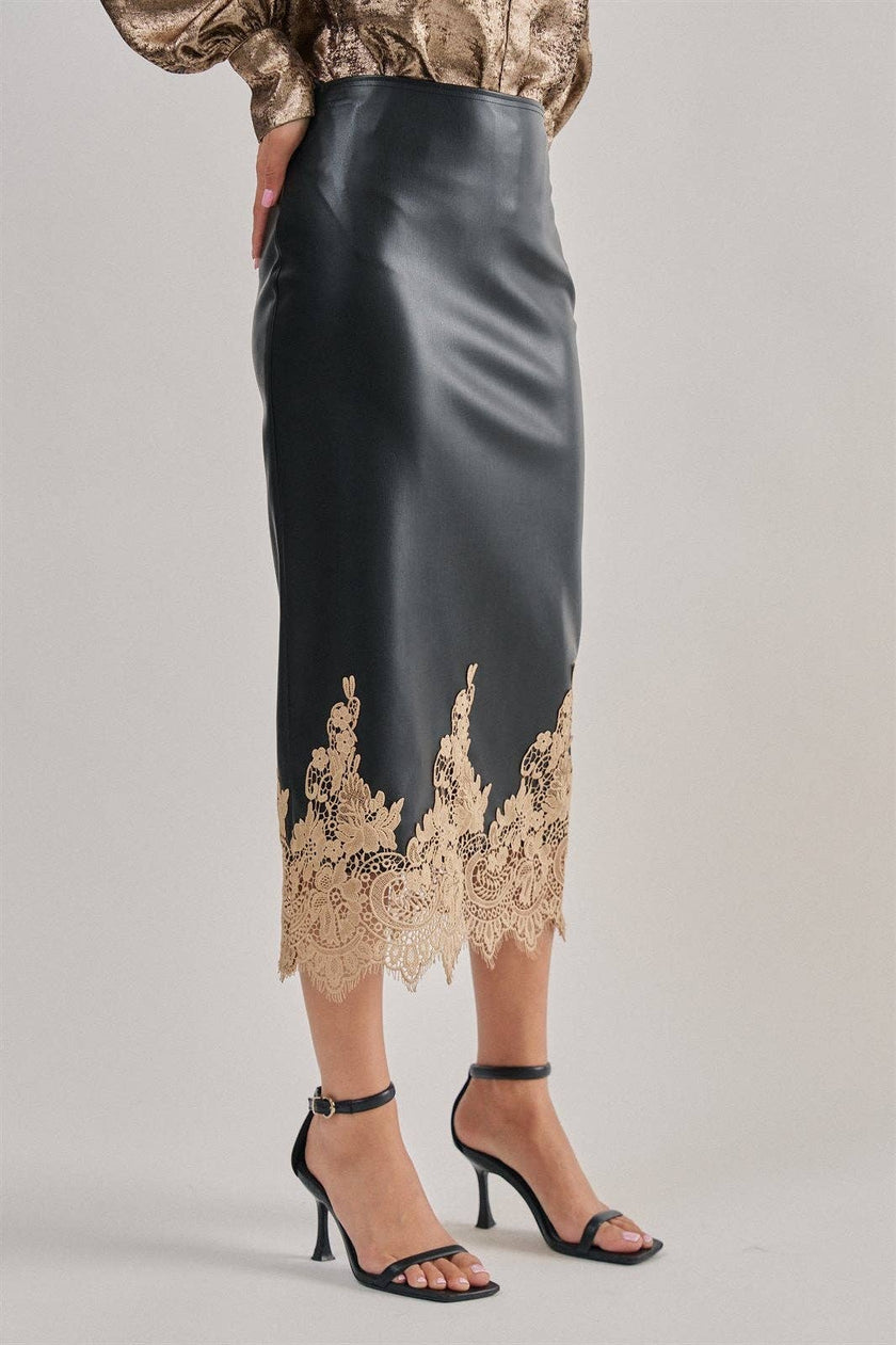 Faux Leather Midi Skirt with Lace Hem