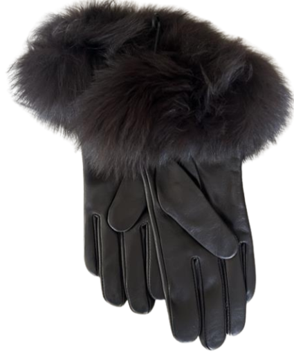 Genuine Leather Gloves with Fox Trim and Cashmere Lining